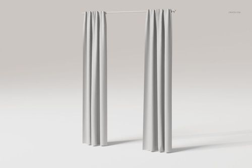 Front view of elegant bedroom curtains in light gray fabric, hanging from a simple white curtain rod on a neutral background.