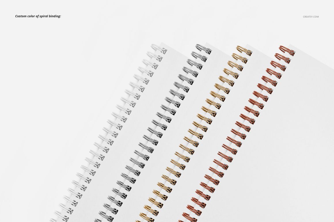 Set of four A5 spiral notebook PSD mockups featuring square holes, square corners, and assorted spiral binding colors.