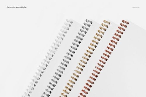 Set of four A5 spiral notebook PSD mockups featuring square holes, square corners, and assorted spiral binding colors.