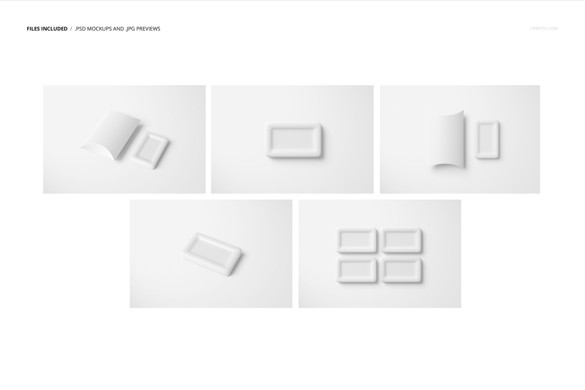 Set of hotel hand soap and pillow box mockups displayed on a white background, shown from various angles.