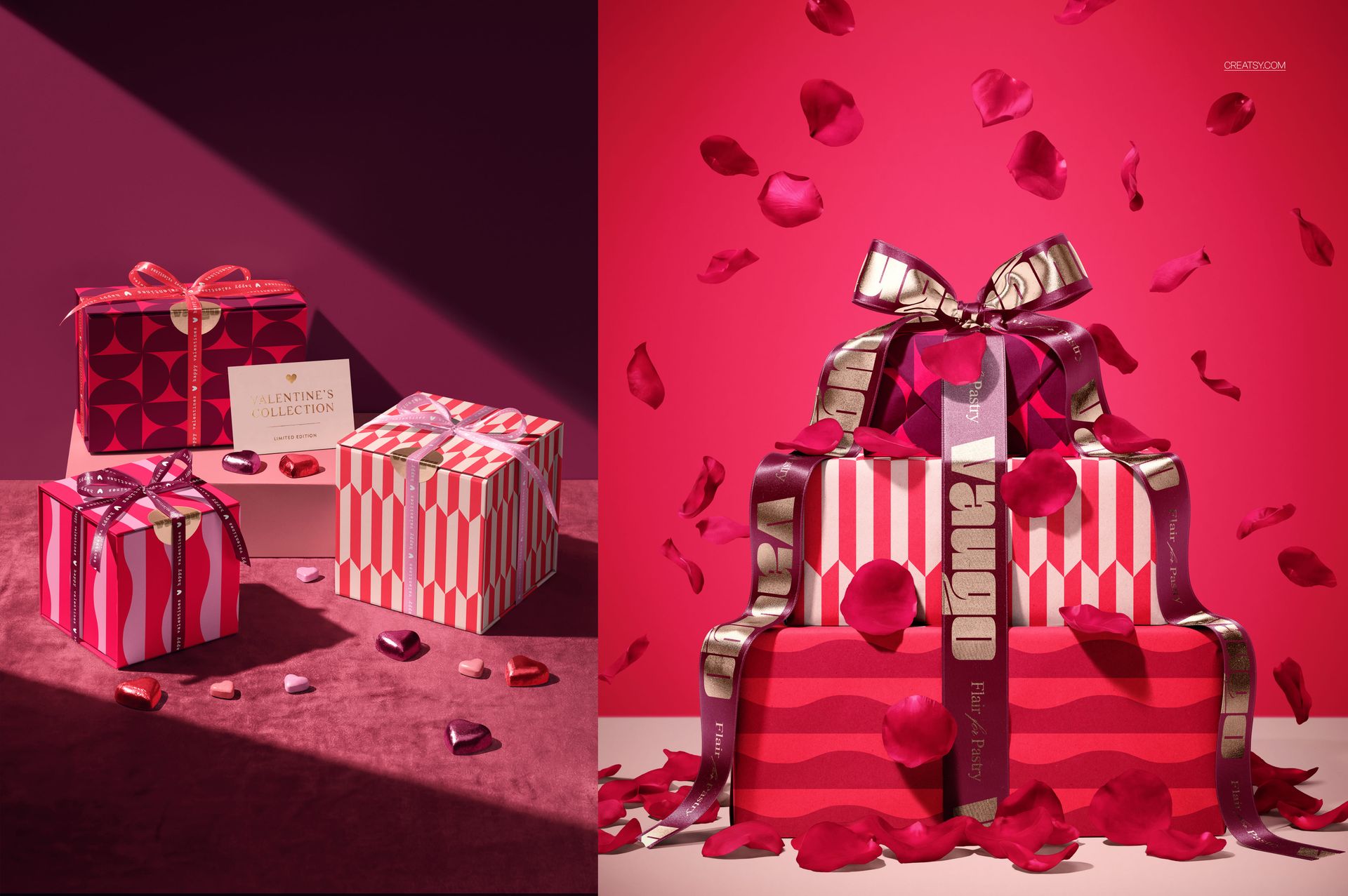 Valentine's Day themed packaging mockup featuring wrapped boxes in red and pink, surrounded by rose petals.