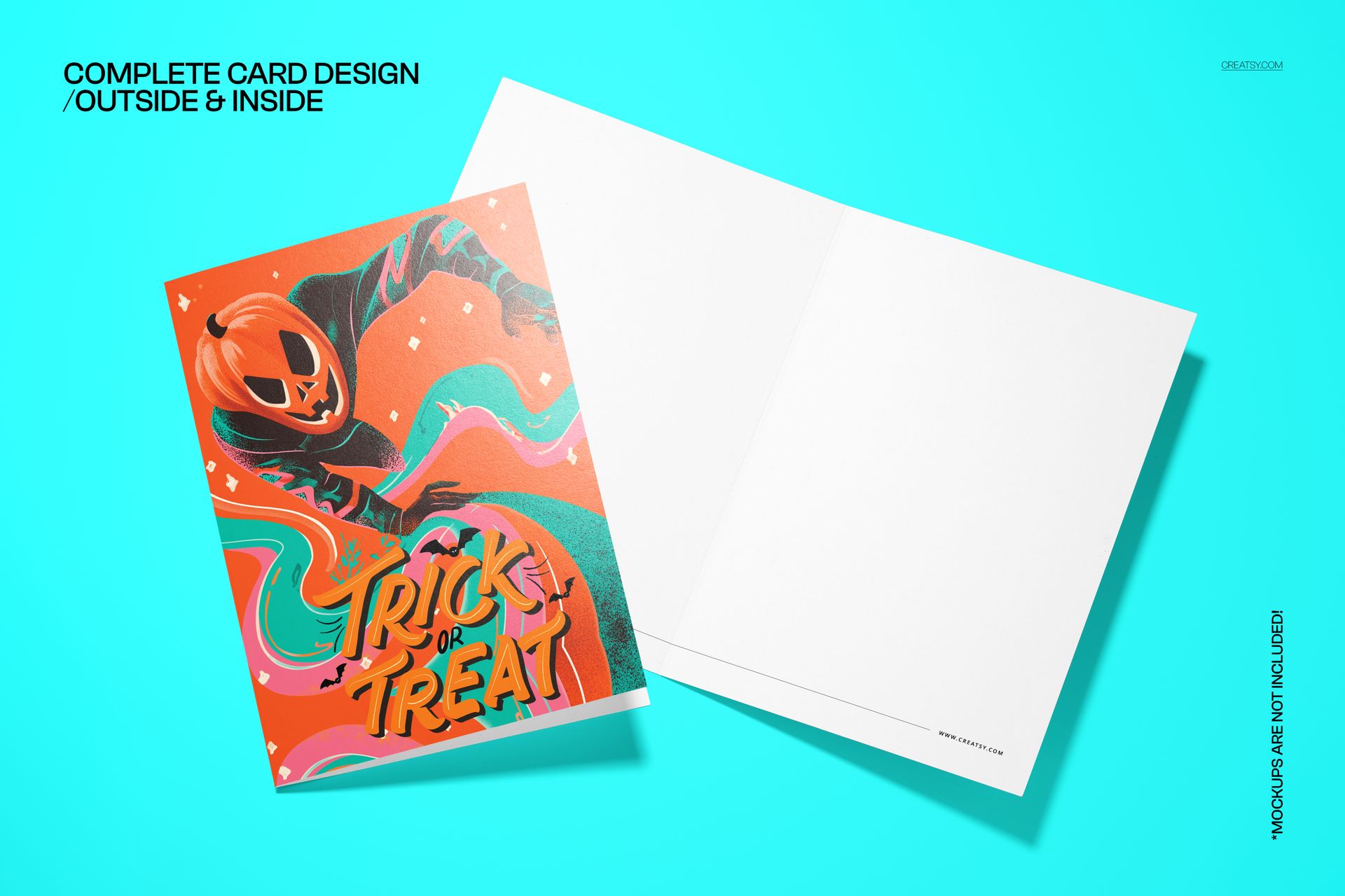 PSD mockup of a Halloween card with a sprinting pumpkin hero, colorful illustration, and blank inside on a blue background.