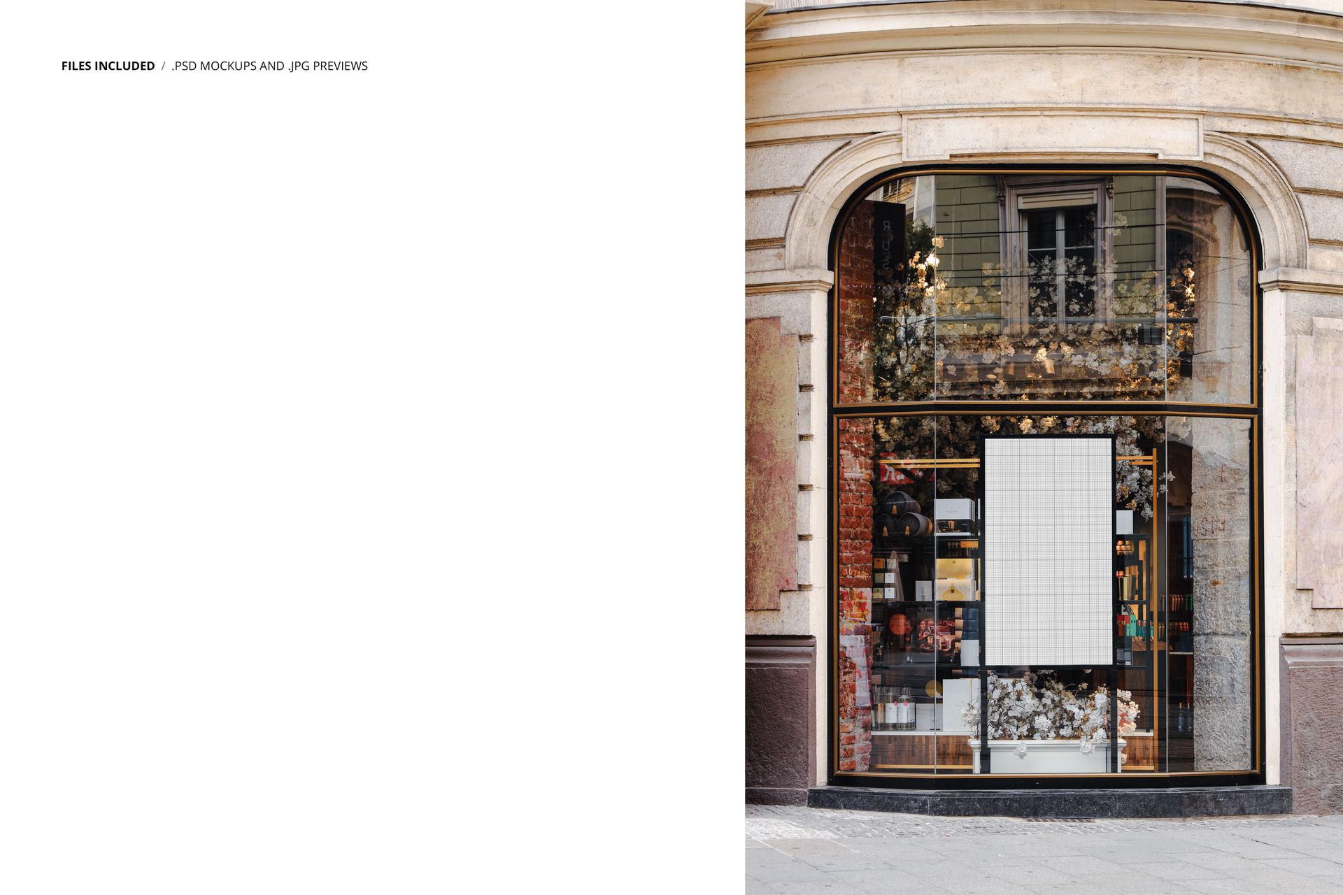 Front view of a shop window with a large poster mockup displayed, featuring a grid overlay for design placement.