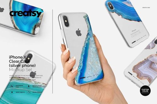 Clear iPhone X case mockup with silver phone, featuring blue and white mineral pattern, shown from multiple angles.