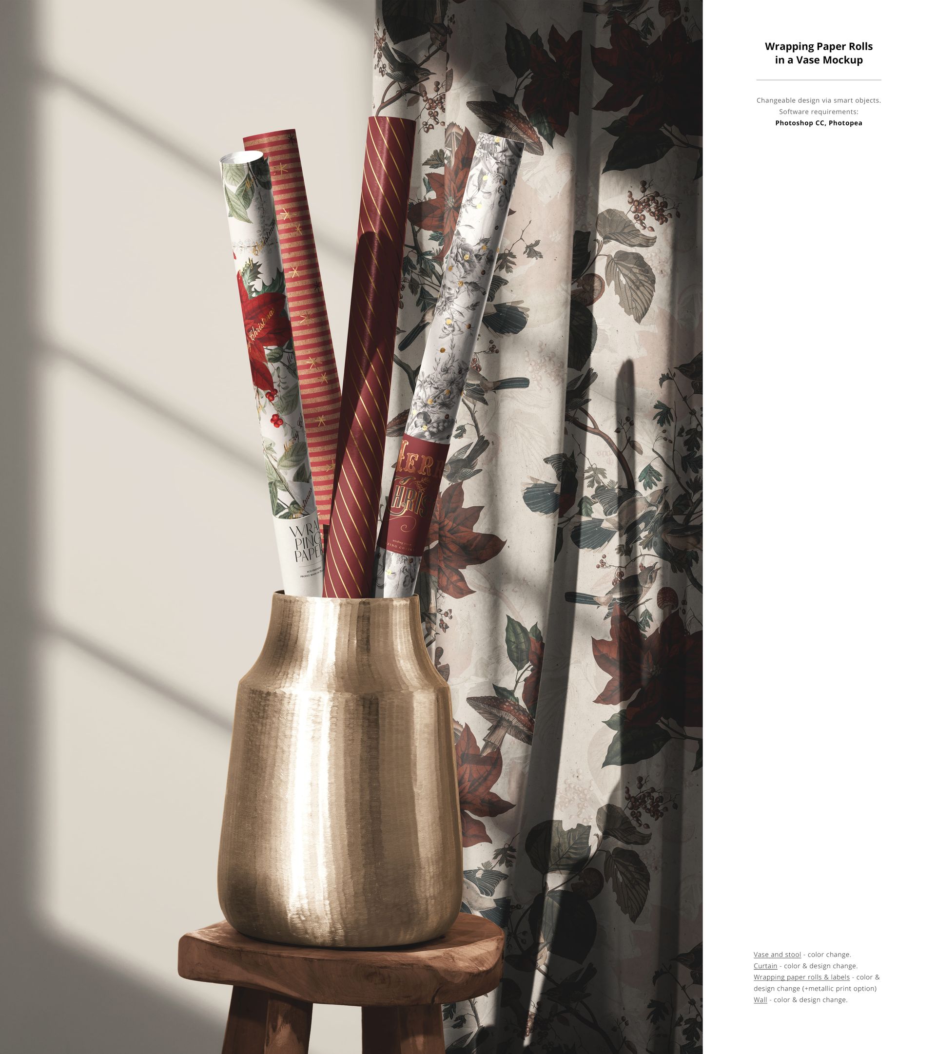 PSD mockup featuring assorted holiday gift wrap rolls in a shiny vase, set against a backdrop of botanical print curtains.