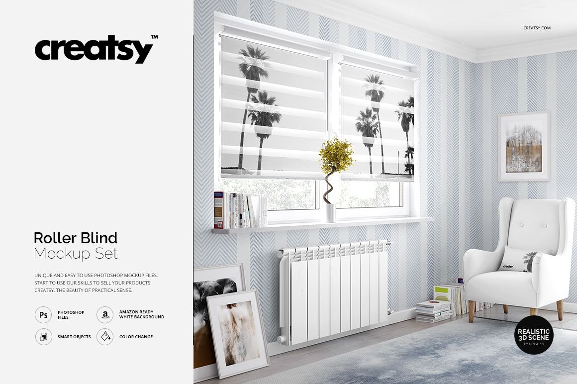 Roller Blind Mockup PSD in a bright room with patterned wallpaper, two blinds, potted plant, and minimal furnishings.