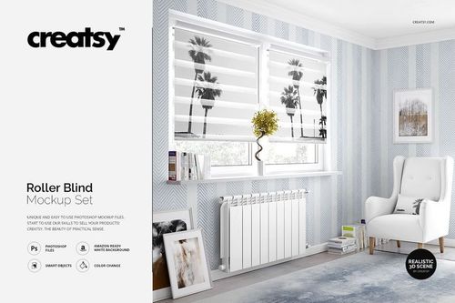 Roller Blind Mockup PSD in a bright room with patterned wallpaper, two blinds, potted plant, and minimal furnishings.