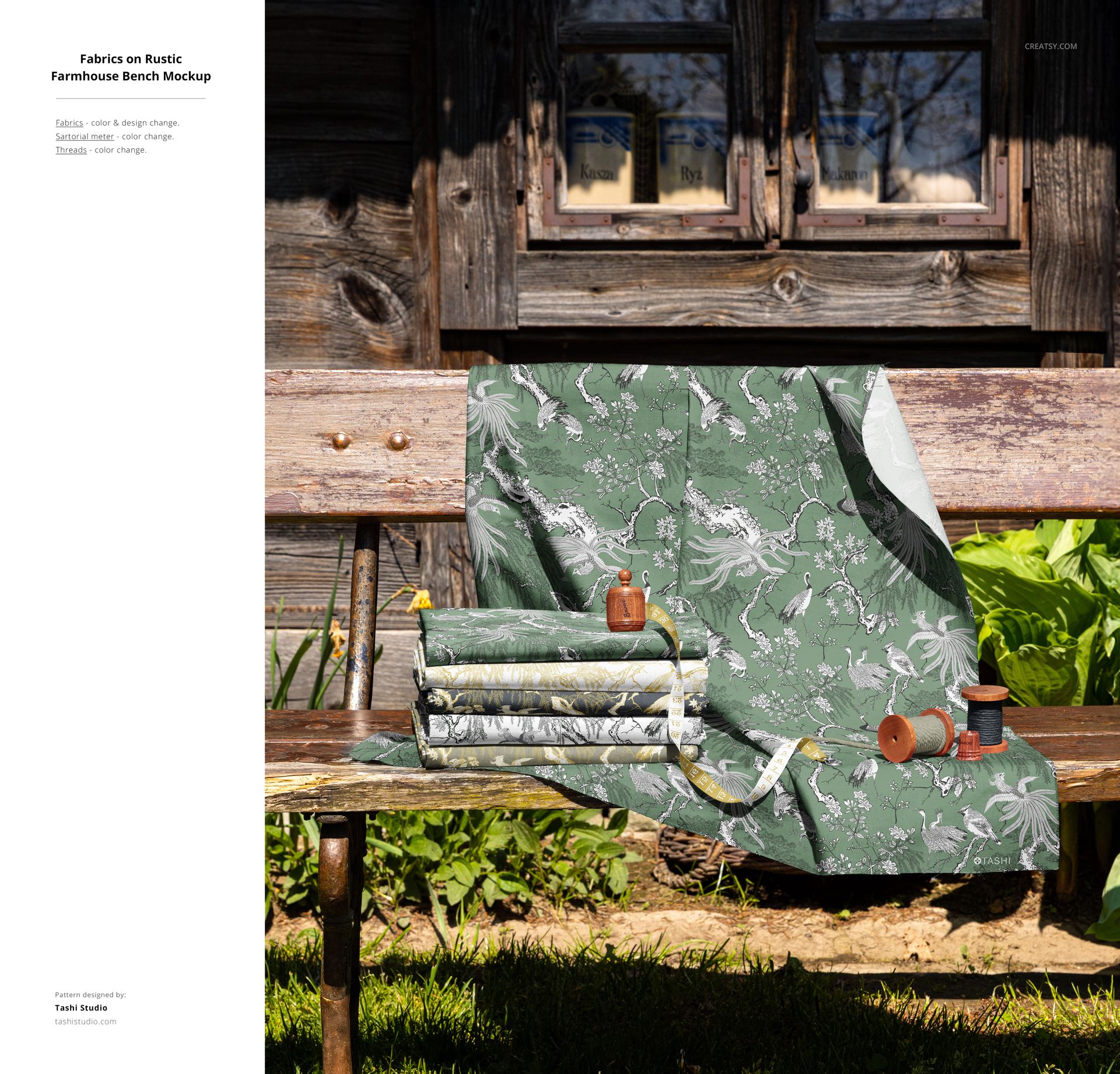 PSD mockup showing multiple pieces of decorative fabric in green and white patterns arranged on a bench in a sunny yard.