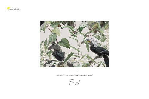 Curtains and upholstery fabric mockup featuring a botanical pattern with birds and green foliage on a light background.