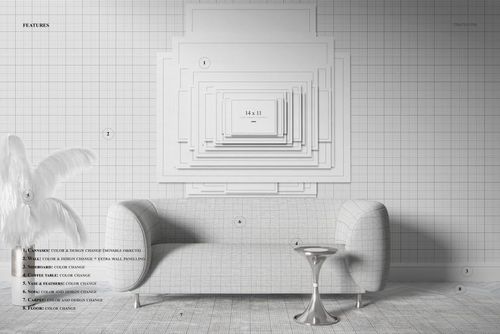 PSD mockup showing a modern lounge sofa, metallic side table, and stacked rectangular canvas prints against a grid wall.