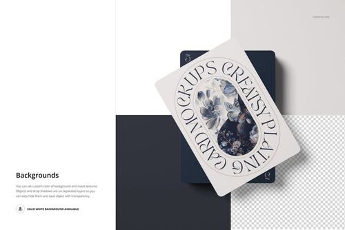 Top view of playing cards mockup with one card showing a decorative floral pattern and stylized lettering.