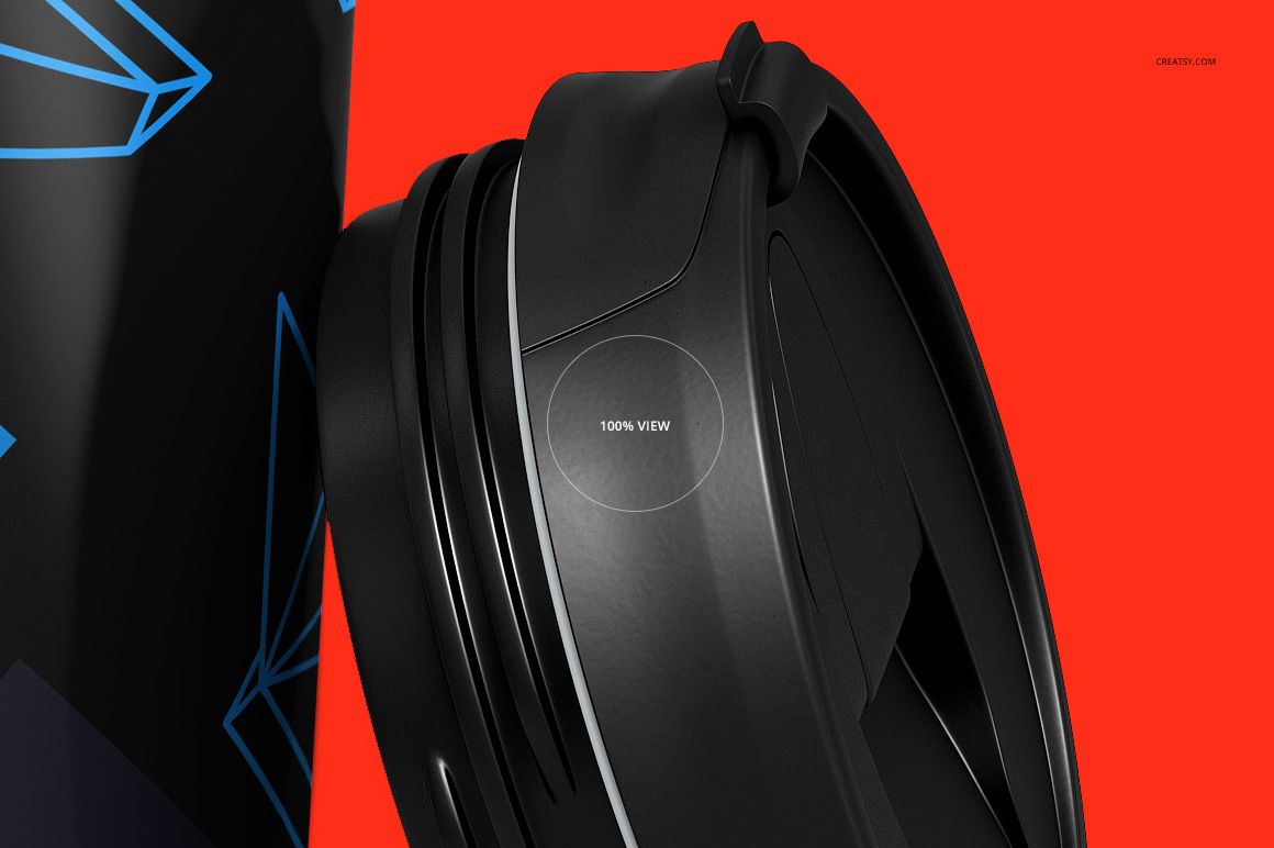 Close-up front view of a black stainless steel tumbler lid with geometric blue accents against a solid red background.