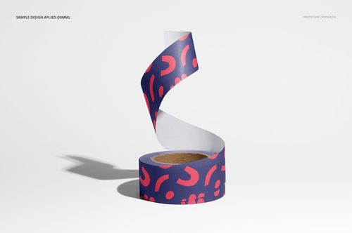 Packing tape mockup featuring a partially unrolled tape with bold purple and pink abstract design, front view.