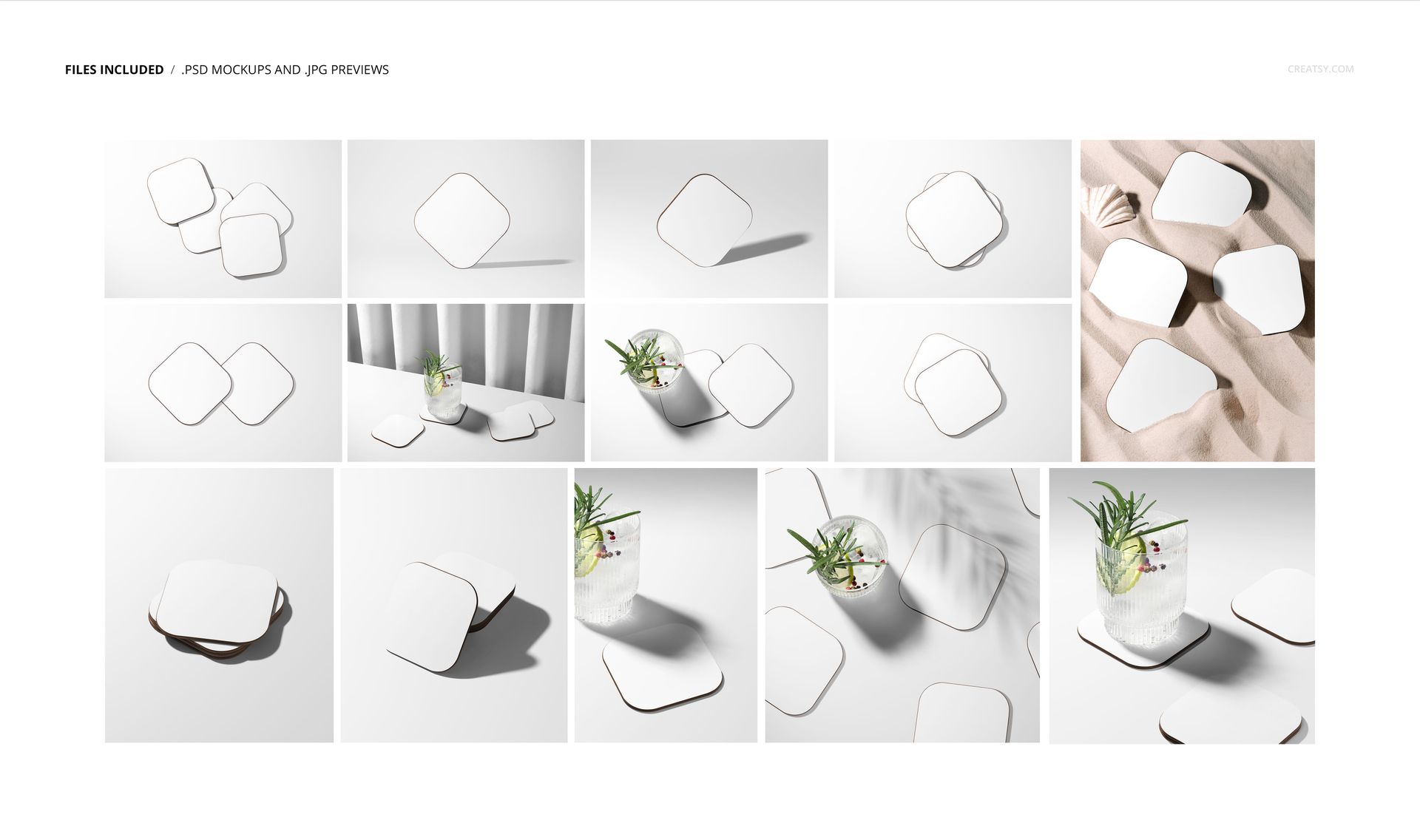 PSD mockup set featuring square drink coasters with soft corners, placed under glasses and scattered across minimalist scenes.