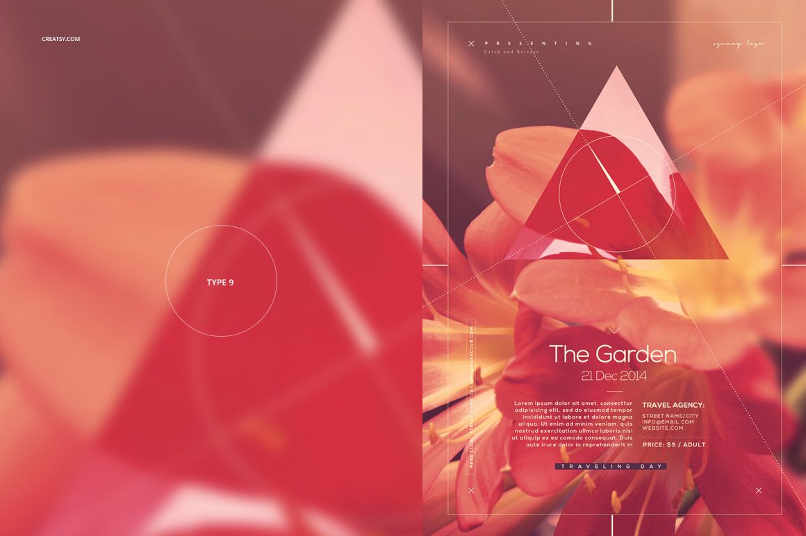 PSD mockup displaying a pair of posters with overlapping triangles and soft floral imagery in warm pink and orange tones.