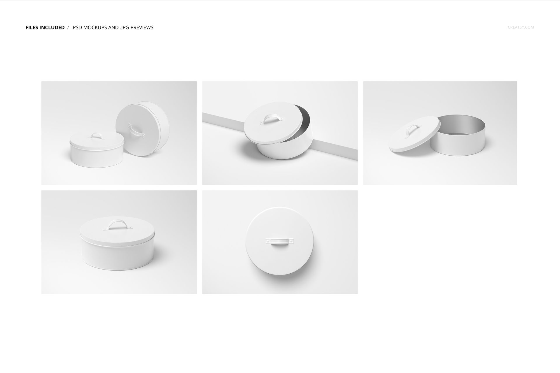 Round cookie tin mockup set featuring five white tins in various angles, including open and closed lids.
