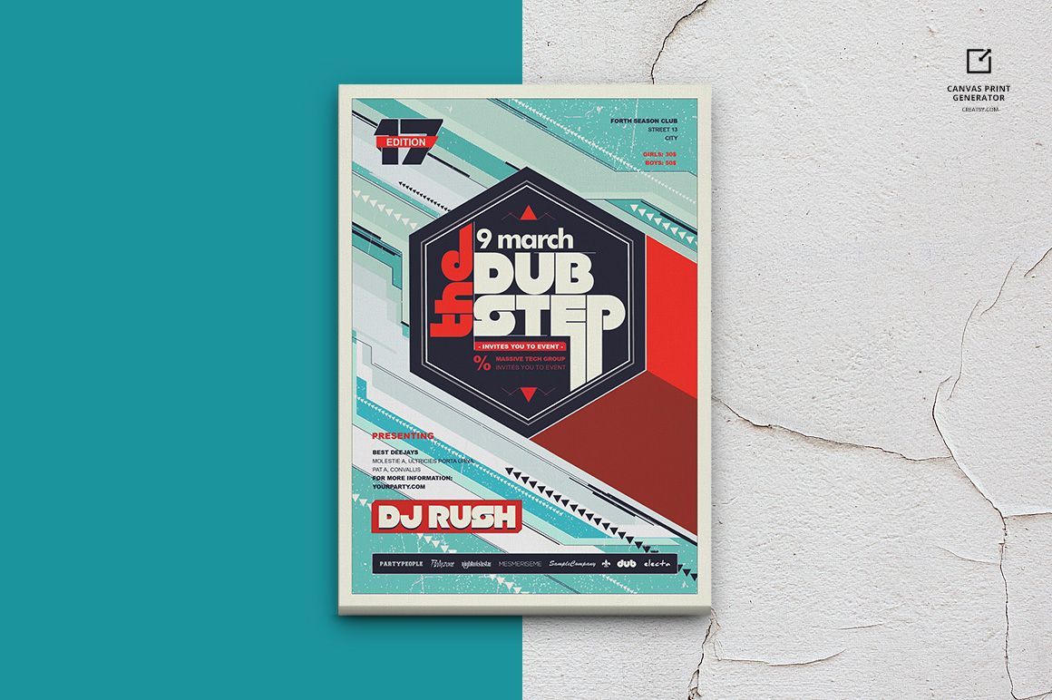 Framed canvas print mockup with geometric and text design, shown from the front against split teal and textured white backgrounds.