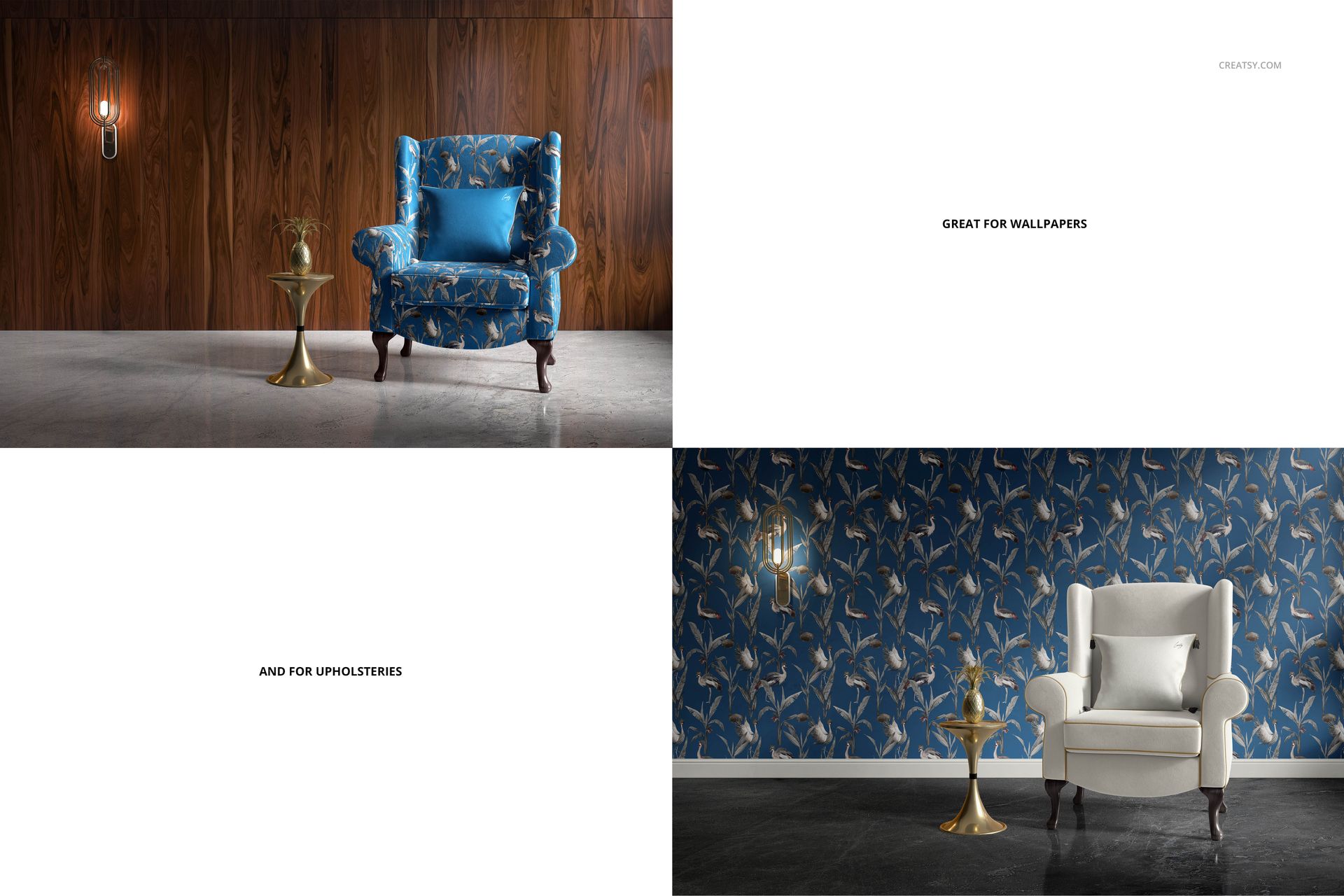 PSD mockup scene featuring a vintage velvet armchair, brass side table, and wall sconce in a modern interior.