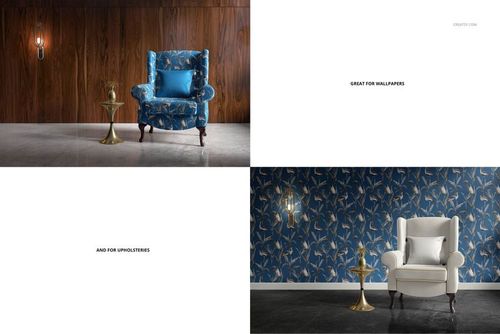 PSD mockup scene featuring a vintage velvet armchair, brass side table, and wall sconce in a modern interior.