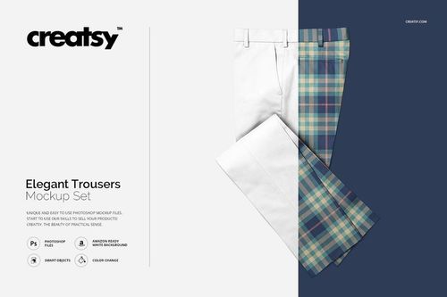 PSD mockup set showing three adult trousers in solid and plaid styles, neatly presented on a neutral background.