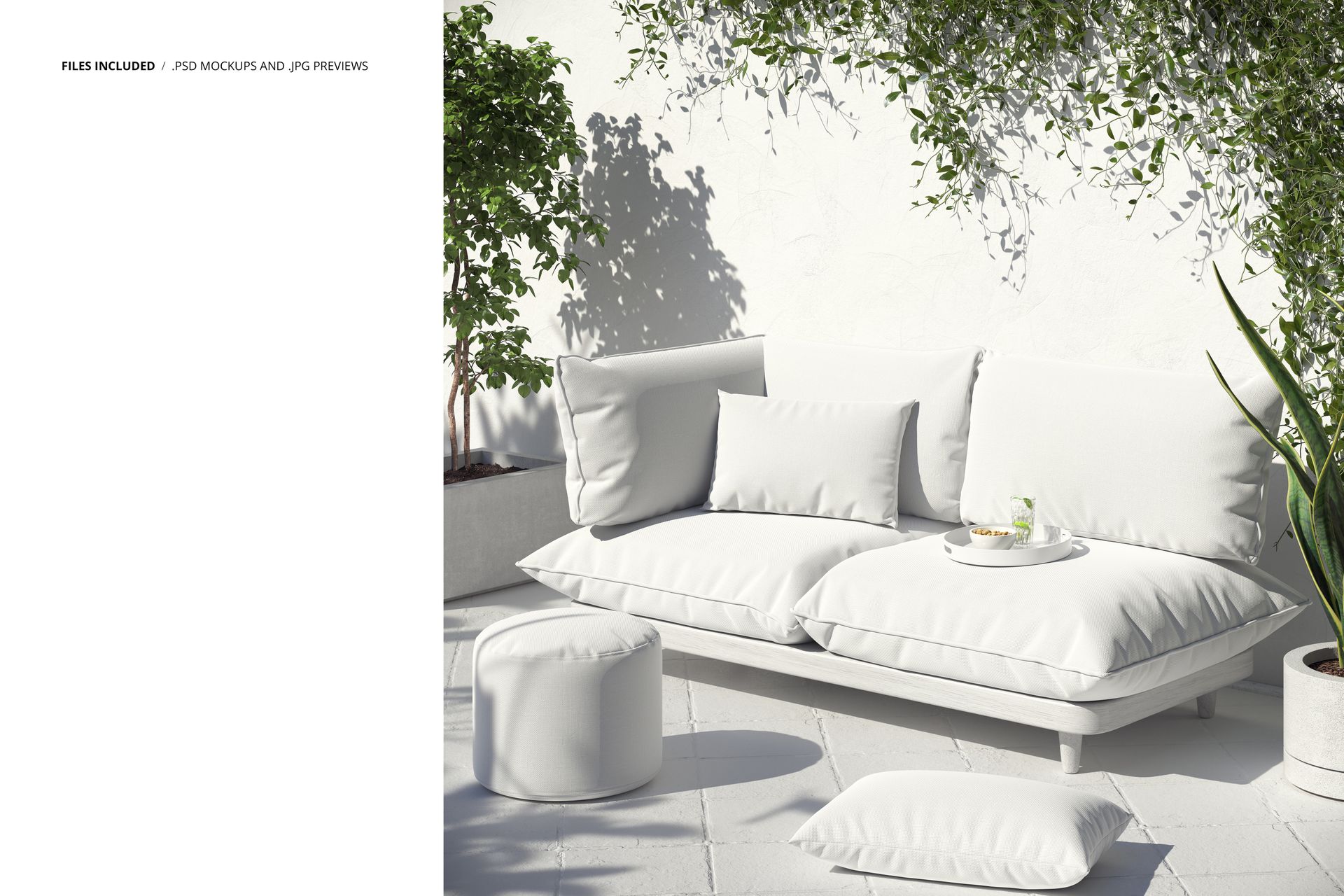 Front view of a patio sofa mockup featuring soft white cushions, pouffe, and leafy greenery in a bright outdoor scene.
