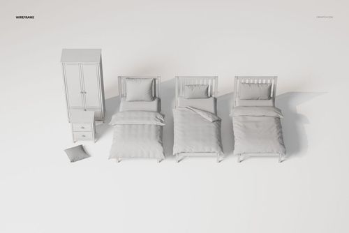 Kids bedroom furniture and bedding set displayed in a top view, featuring two beds, a wardrobe, and a pillow on a white background.