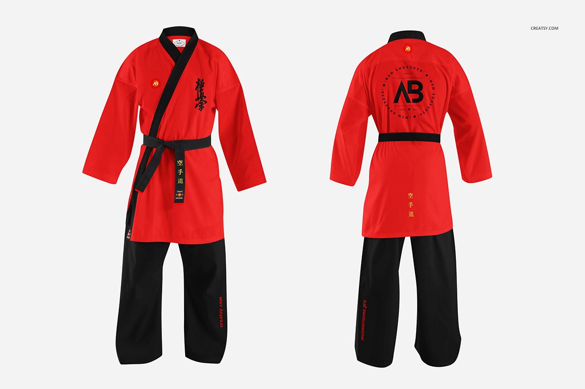 Karate kimono mockup set featuring a red and black uniform, shown from the front and back on a white background.