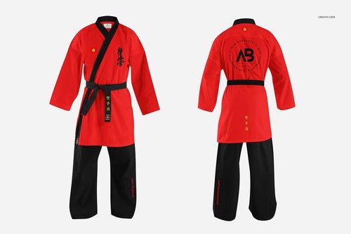 Karate kimono mockup set featuring a red and black uniform, shown from the front and back on a white background.