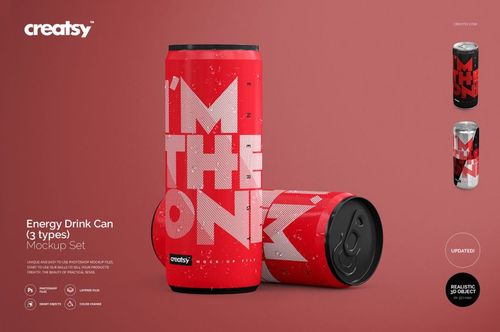 Front view of three energy drink cans in a PSD mockup, featuring bold red color and water droplets on the surface.