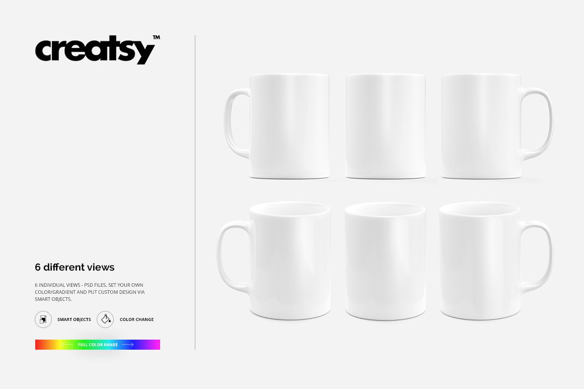 PSD mockup featuring six plain mugs with customizable rims and handles, presented in organized front and side angles.