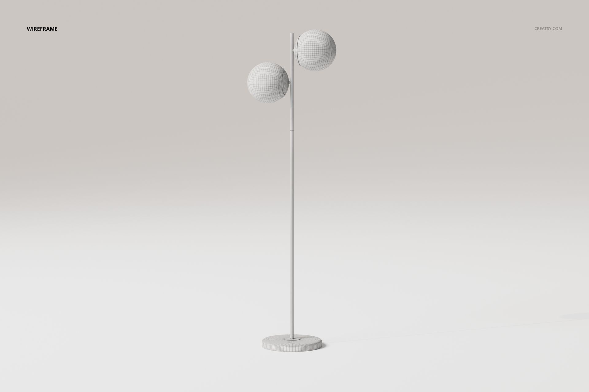 Double globe floor lamp with two spherical shades on a slim vertical stand, shown in a minimal white scene.