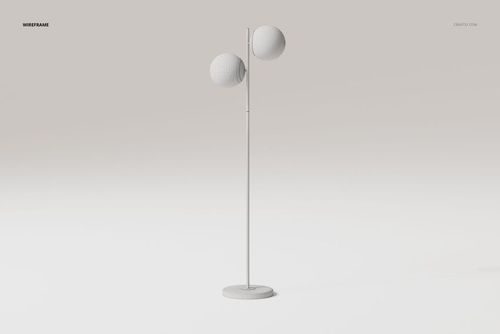 Double globe floor lamp with two spherical shades on a slim vertical stand, shown in a minimal white scene.