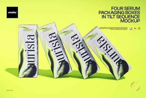 PSD mockup showing four serum packaging boxes in a diagonal row, each with a modern green and black graphic pattern.