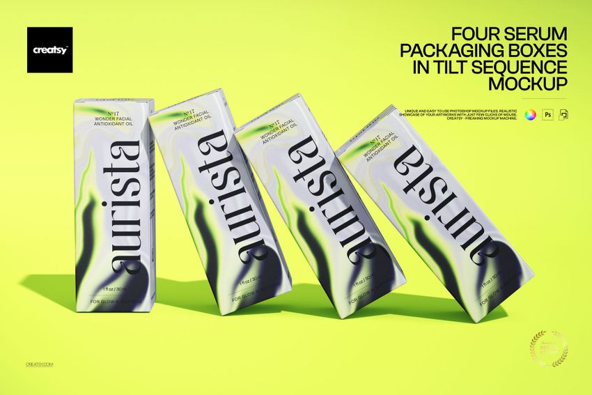 Four Serum Packaging Boxes in Tilt Sequence Mockup - mockup screenshot 1