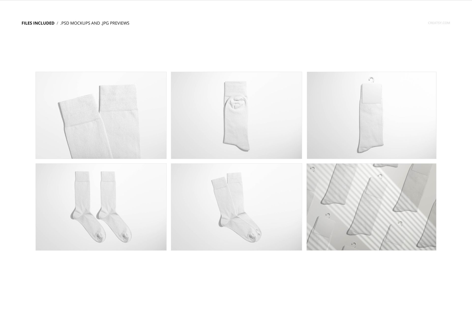 High cuff socks mockup set displayed in six panels, showing plain white socks from various angles on a light background.