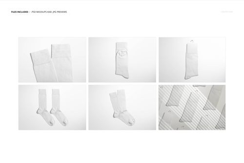 High cuff socks mockup set displayed in six panels, showing plain white socks from various angles on a light background.