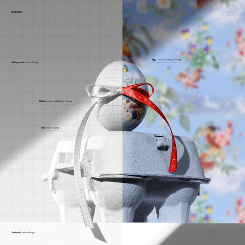 Easter egg with floral pattern and red ribbon displayed in a gray box, shown in a split view mockup scene.