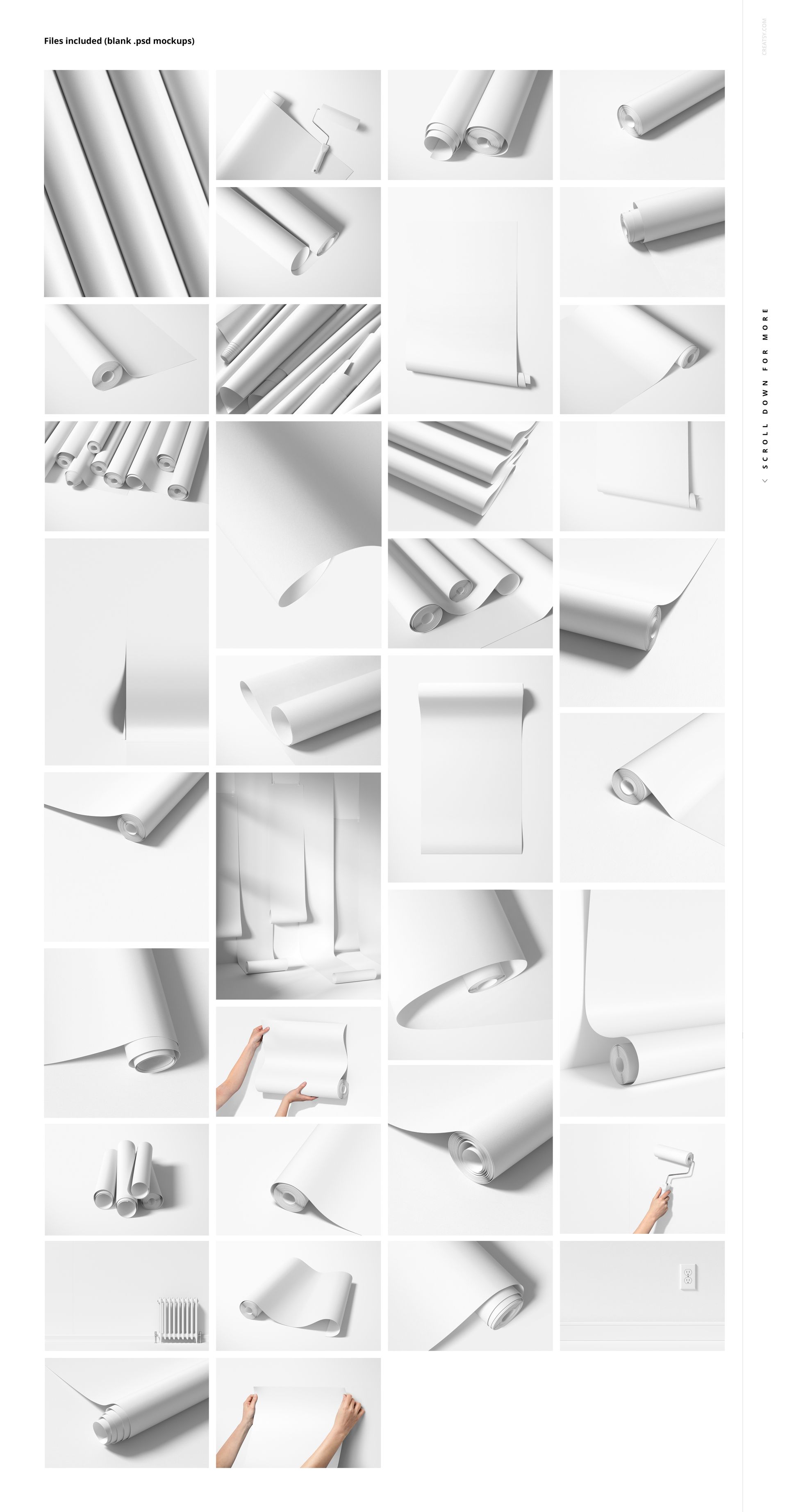 Collection of paper wallpaper mockups displayed in various rolled and unrolled positions against a white background.