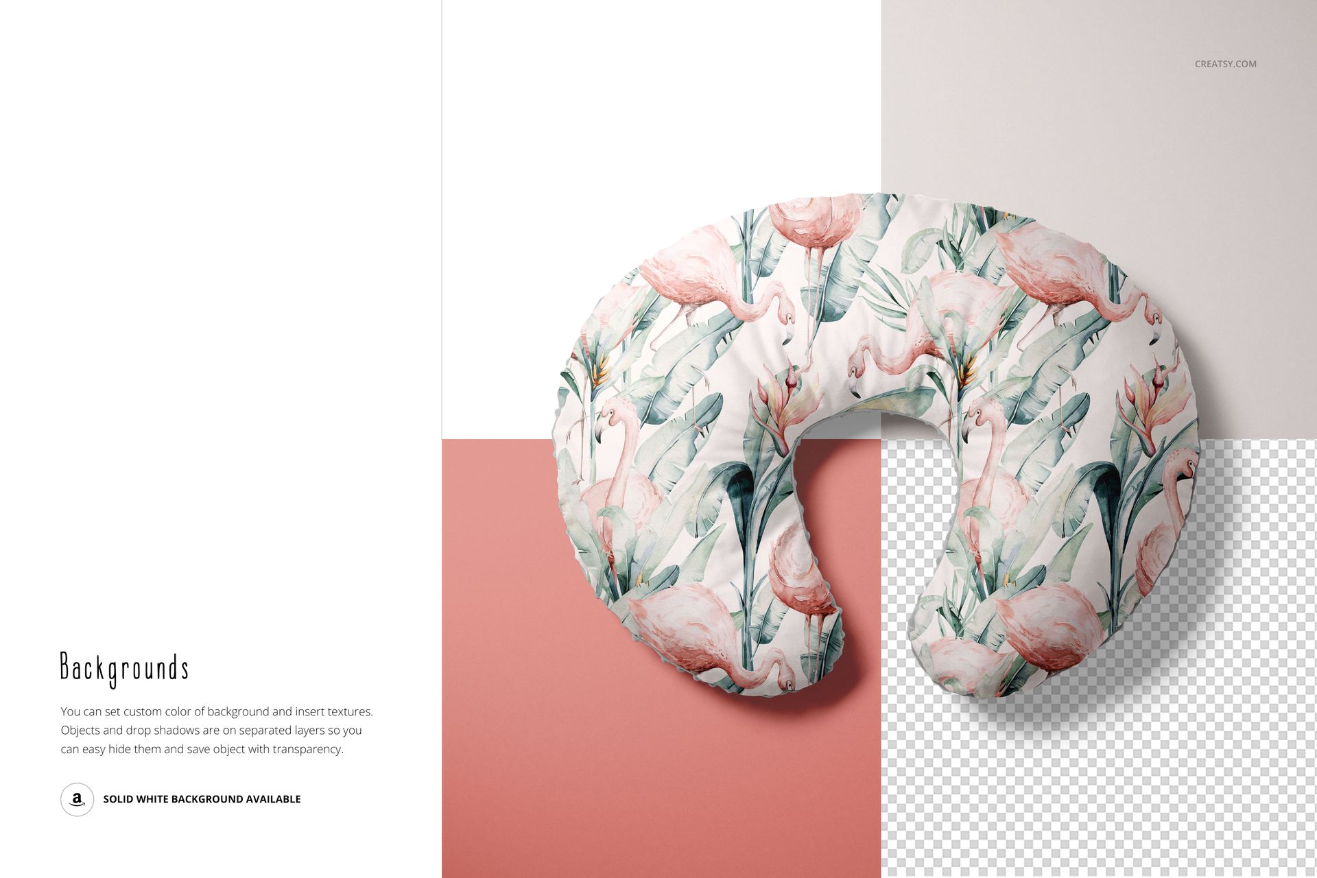 Mockup of a nursing pillow cover with a tropical flamingo and foliage design, placed on a half-pink, half-white surface.
