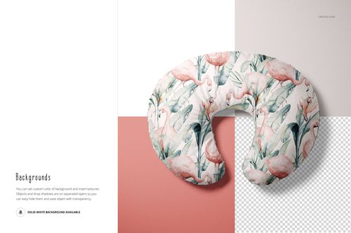 Mockup of a nursing pillow cover with a tropical flamingo and foliage design, placed on a half-pink, half-white surface.