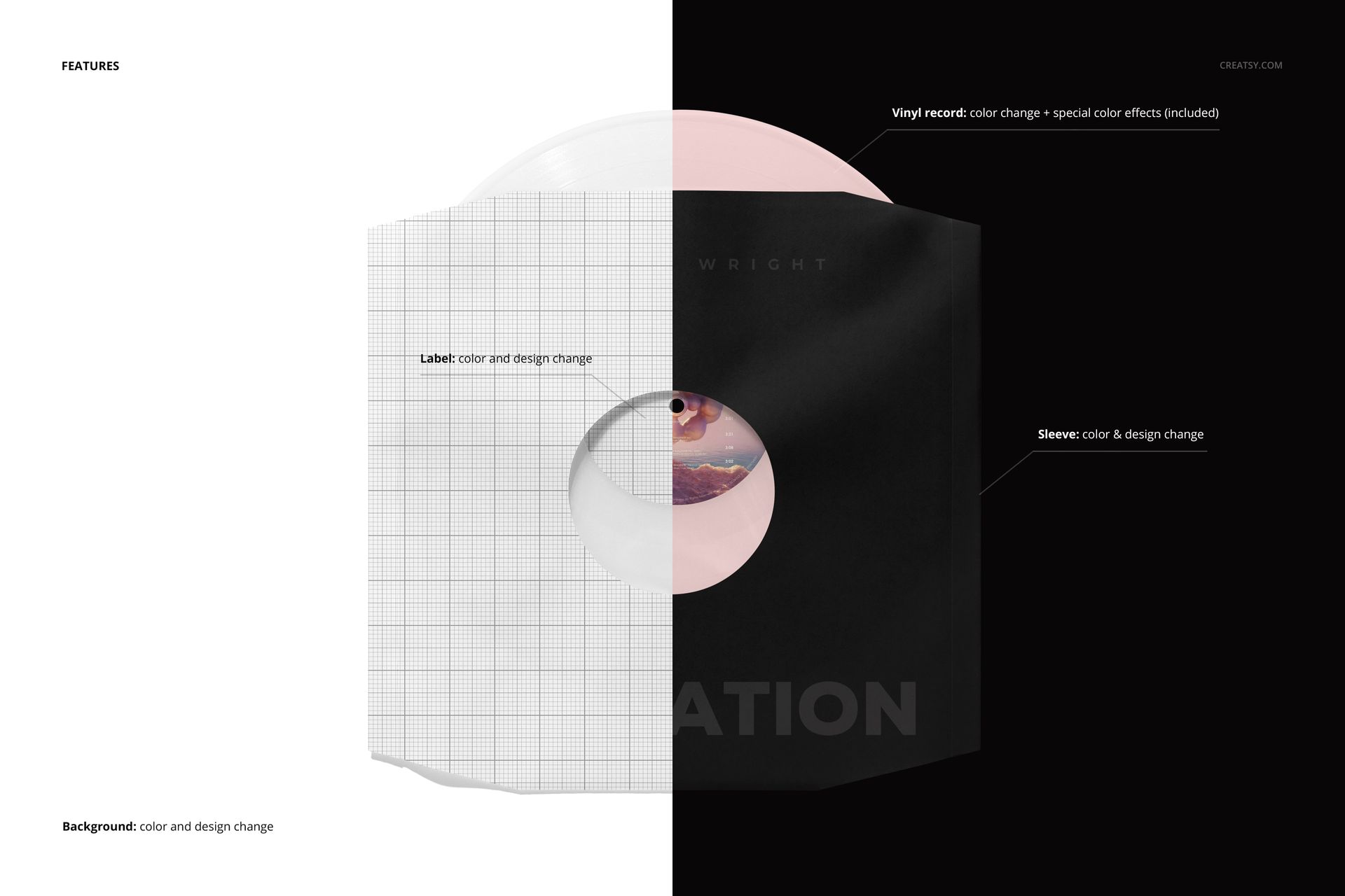 Mockup of a vinyl LP record in a paper sleeve, featuring a divided layout highlighting editable label and sleeve areas.