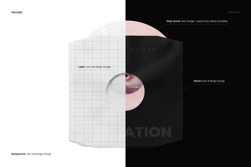 Mockup of a vinyl LP record in a paper sleeve, featuring a divided layout highlighting editable label and sleeve areas.