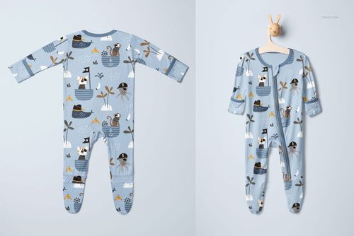 Baby footie onesie mockup with two way zipper, shown in front and back views, featuring a blue animal pattern.