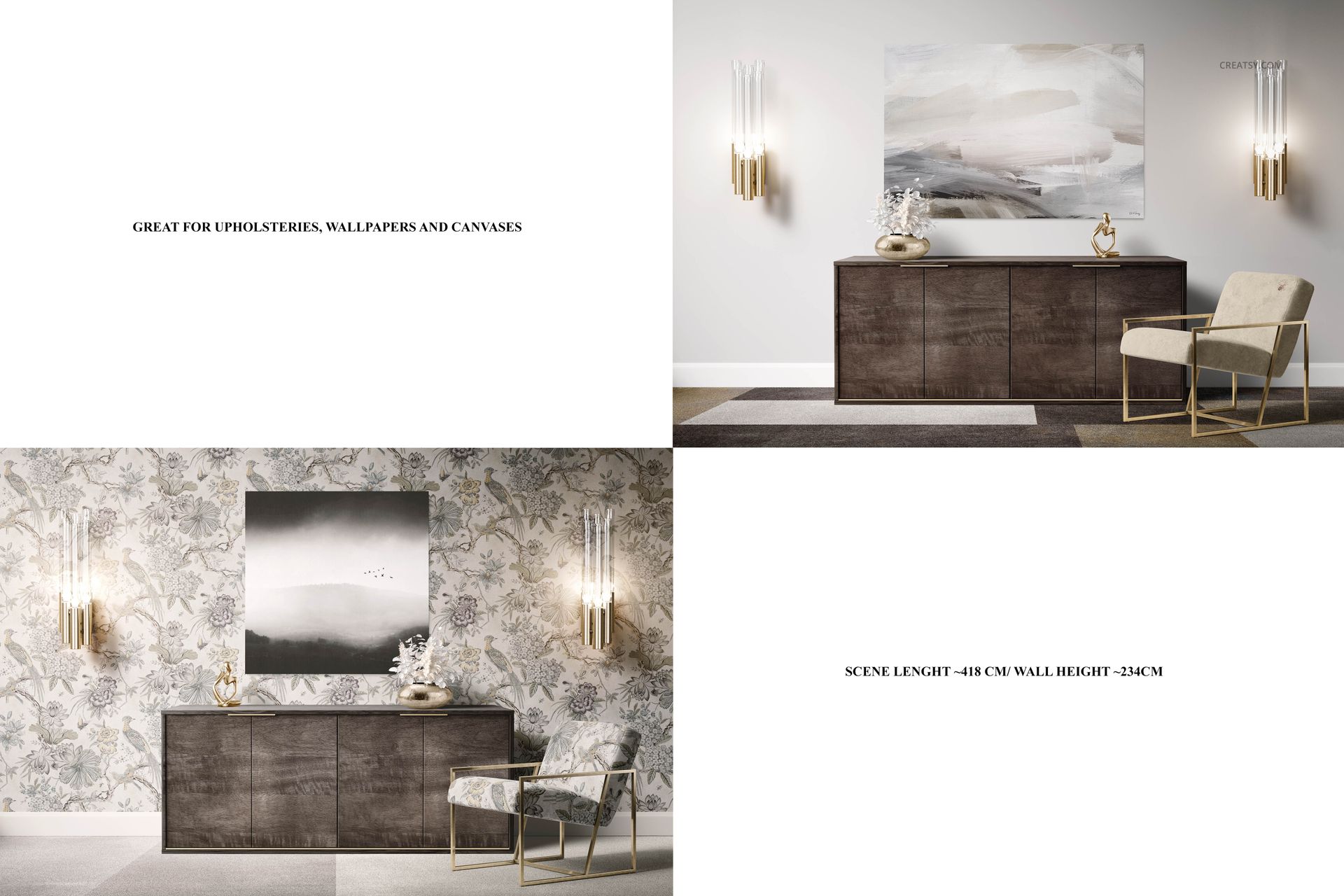 Luxurious room canvas print mockup showing a modern sideboard, armchair, and wall art in a stylish interior setting.