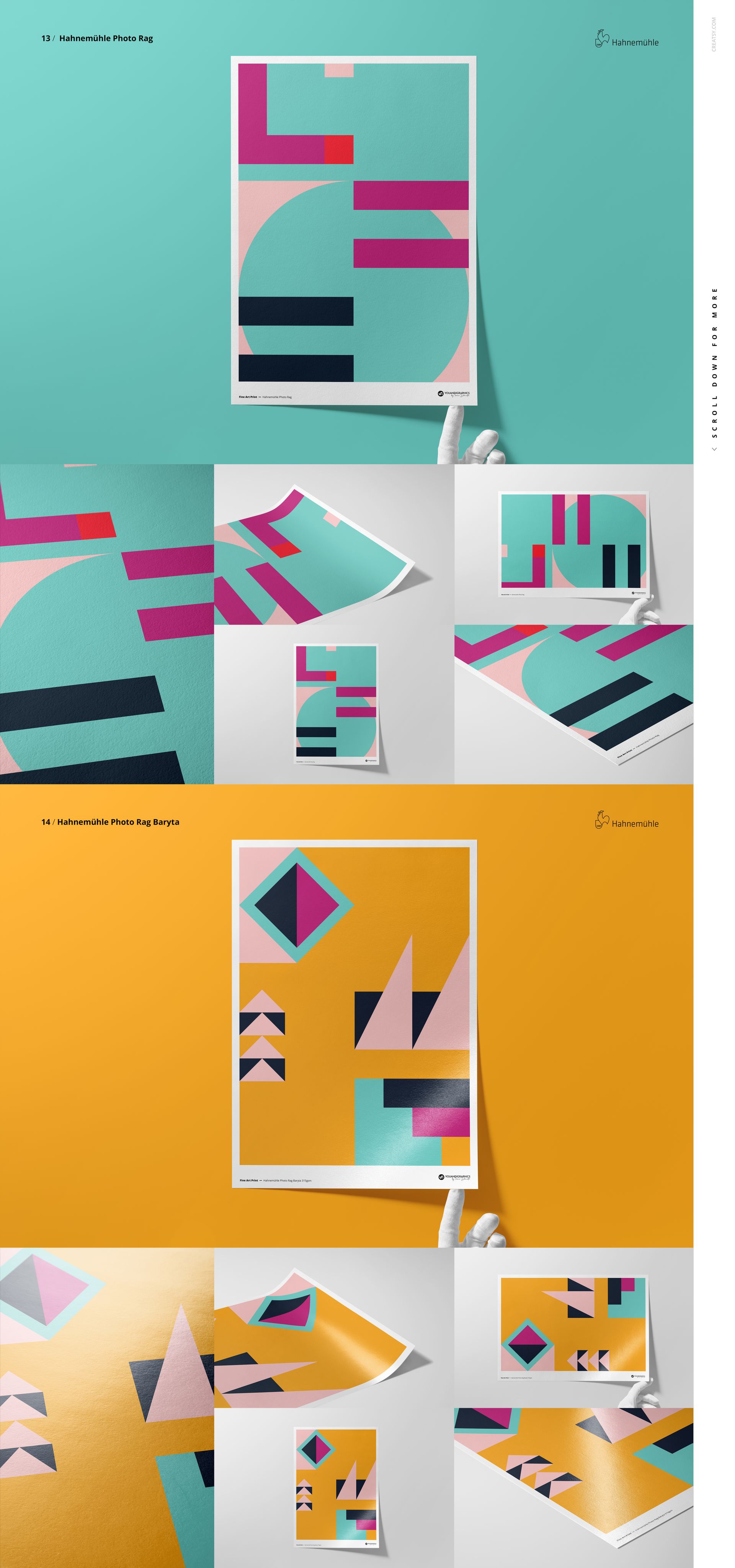 Collection of fine art print mockups featuring abstract geometric designs in pink, teal, black, and yellow, displayed on colored backgrounds.