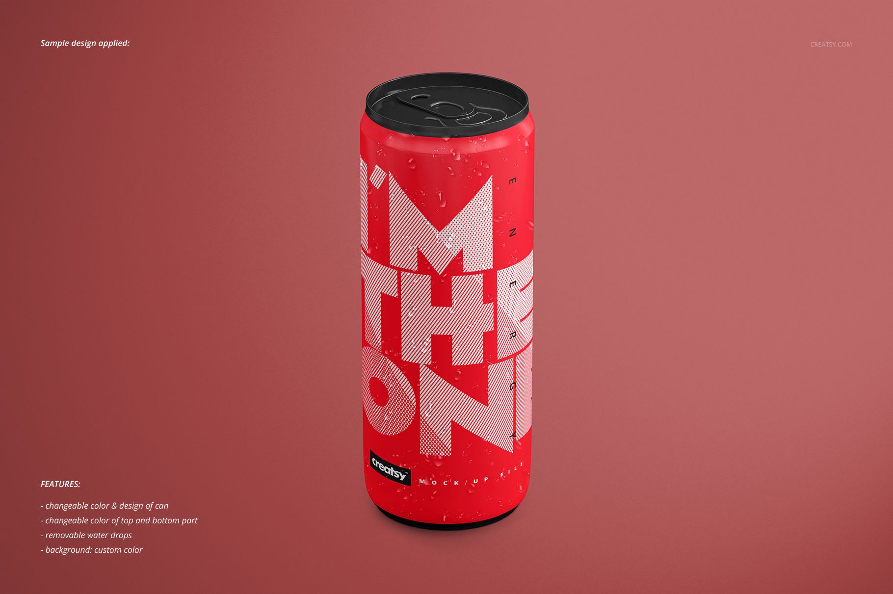 PSD mockup of a cylindrical energy drink can with customizable design, featuring a red color and large white lettering.