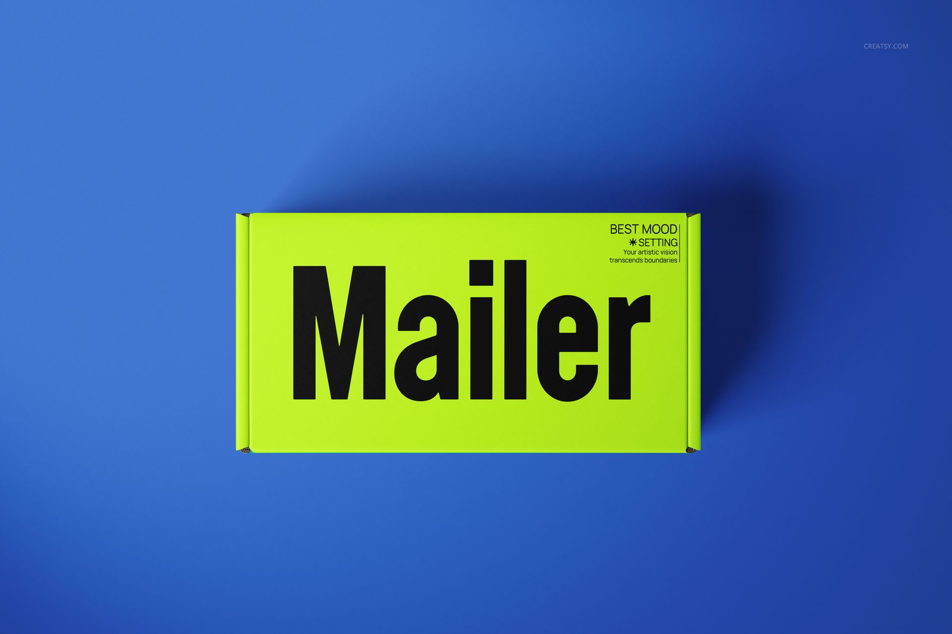 Front tuck mailer box mockup displayed from above, featuring vibrant yellow-green color and large black lettering.