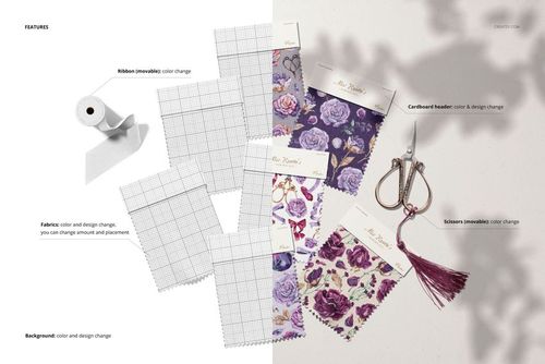 Fabric swatches mockup with grid and floral patterns, shown from top view with scissors and ribbon on a light background.
