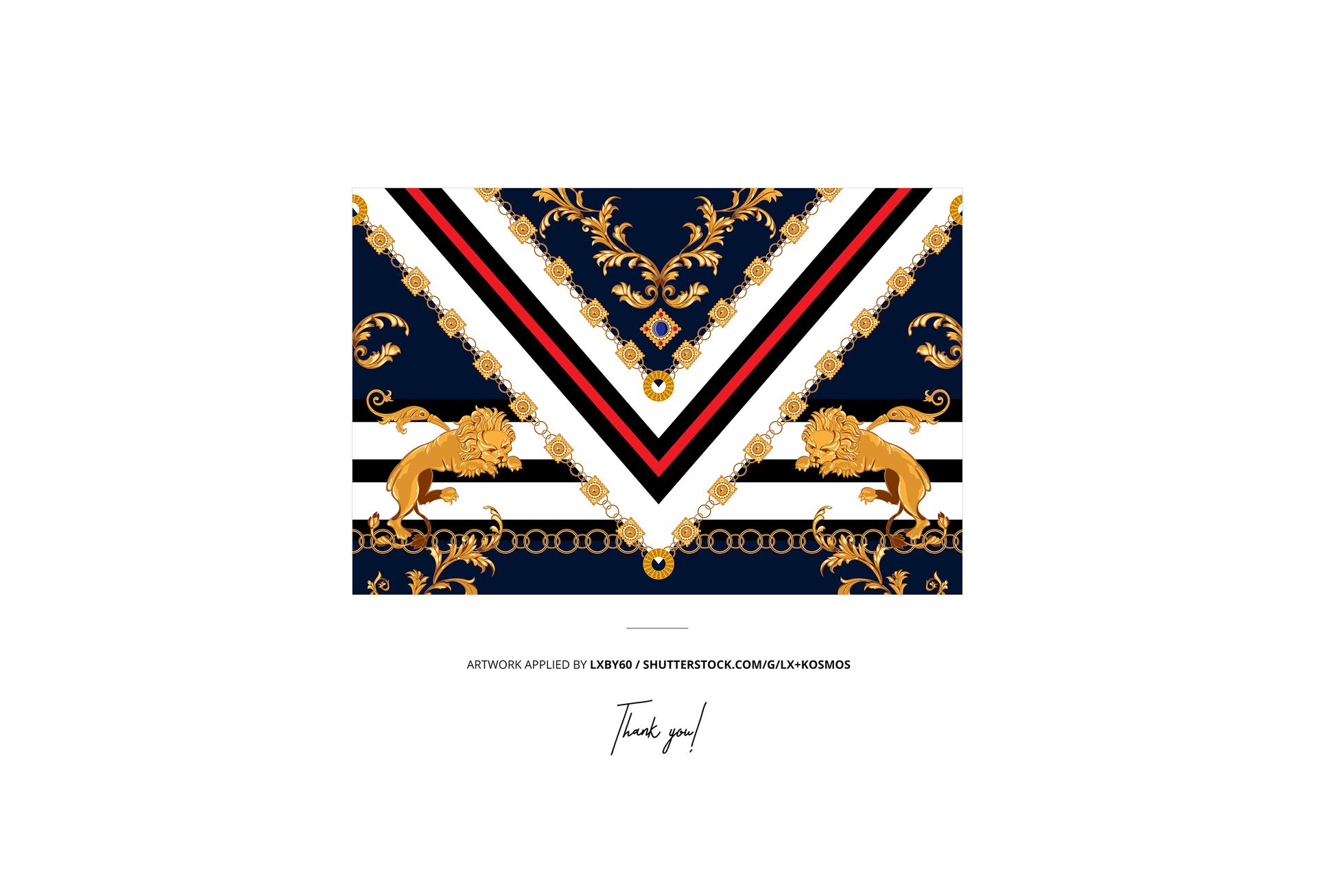 Hanging chiffon silk scarf mockup showing a rectangular scarf with ornate gold, navy, and white baroque pattern, front view.