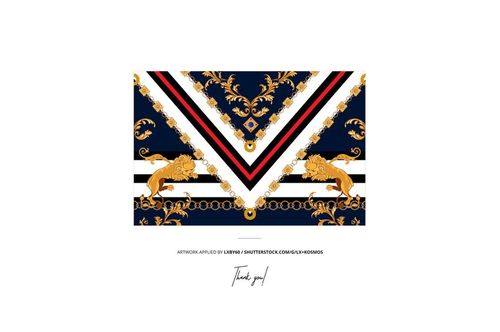 Hanging chiffon silk scarf mockup showing a rectangular scarf with ornate gold, navy, and white baroque pattern, front view.